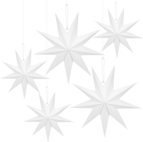 Étoile Pliante de Noël, 5 Pièces étoiles Pliantes en Papier à 9 Branches, Morceaux d'étoiles en Papier Blanc à Suspendre, décoration étoile en Papier pour la fenêtre, Avent, Sapin de Noël, Nouvel an