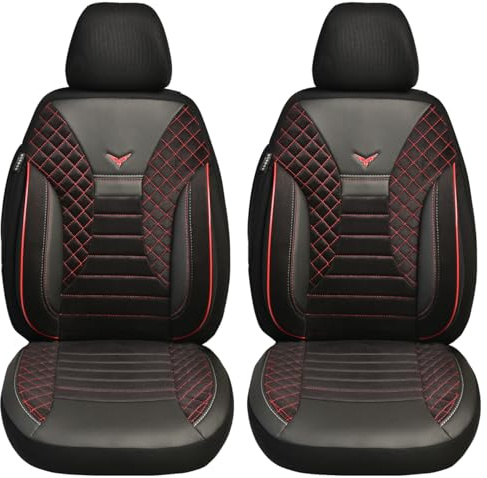 BREMER SITZBEZÜGE Maß Auto Schonbezüge kompatibel mit Mercedes EQA H243 Fahrer & Beifahrer Set ab 2021 / Auto Schonbezug Velour Kunstleder Set 2er Pack in Schwarz/Rote Naht (PS802)