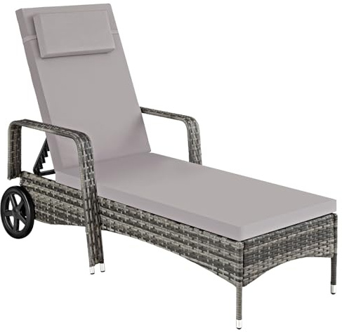 tectake 801041 Tumbona de ratán y Aluminio para jardín, Asiento de ratán sintético para terraza con Ruedas y Respaldo Ajustable, Mobiliario de Exterior para Piscina (Gris)