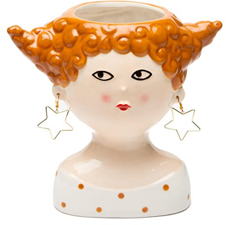 Baroni Home Vaso in Ceramica di Design con Volto, Soprammobile Moderno Dipinto a Mano, Vaso per piante da Interno o Esterno, Capelli Rossi, 21X13X20 cm