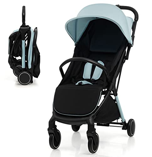 COSTWAY Baby Stroller, Protable Travel Buggy with Detachable Seat Cover, 5-Point Harness, Adjustable Canopy, Backrest and Footrest, One-Hand Fold Infant Pushchair for 0-3 Years (Blue)