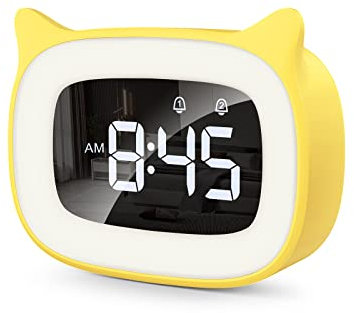 mizikuu Wecker Digital Kinder, Wecker mit Licht, Dual-Wecker, LED-Nachtlicht mädchen Wecker, Funkuhr mit Snooze Funktion 18 Musik Klingeltöne 5 Helligkeitsmodus 12/24 Stunden USB-Aufladung, Gelb