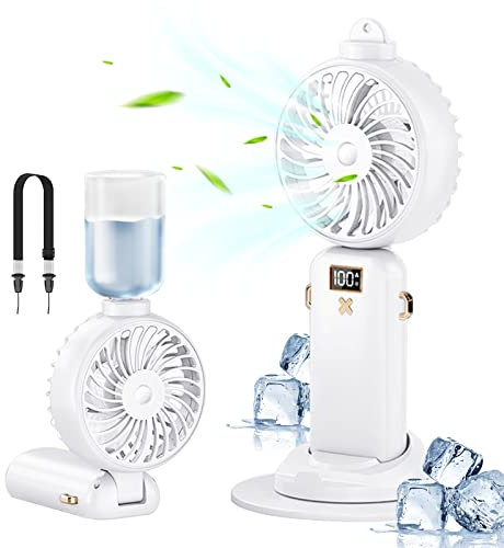 Handventilator Akku Aufladbar 2500mAh, Mini Ventilator mit Wassernebel, Hand Ventilatoren USB Leise, Tragbarer Klein Ventilator 5 Windgeschwindigkeit Lüfter für Büro Zimmer Outdoor Reisen (Weiß)