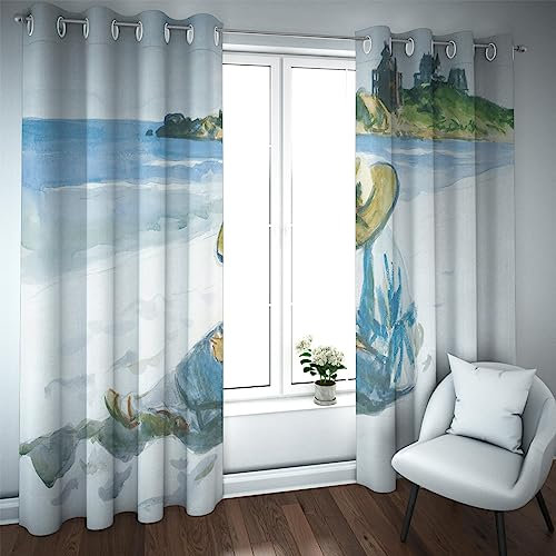 HengYun ART Paysage de Vacances en Bord de mer Rideaux occultants Blue Sea et Beach Girl Portant Un Chapeau Rideaux insonorisés Blackout complets pour Le Salon 2xL168xH138 cm
