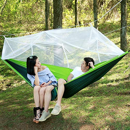 Hamaca con mosquitera, hamaca al aire libre, ligera de nailon para mochilero, camping, mochilero, viajes, playa, jardín (mosquitera verde fruta y verde oscuro (blanco)