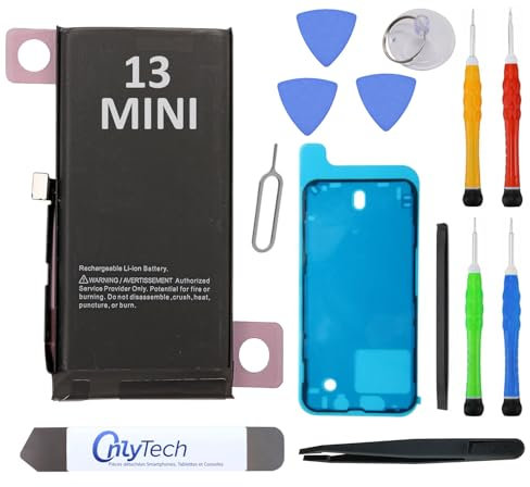 OnlyTech Batteria di ricambio premium per iPhone 13 Mini - 2406 mAh, identico all'originale, kit 12 strumenti professionali e adesivo schermo inclusi