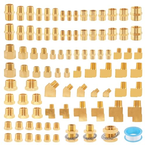 Ailbiuko 92PCS Brass Pipe Fittings Assortment Kit NPT Adapter,Hex Nipple,Reducer Bushing,Hex Coupling,90 Degree & 45 Degree Barstock Street Elbow,Street Tee,Bulk Head Fittings Kits
