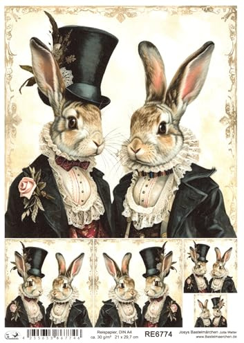 Josys Bastelmärchen Reispapier A4 Strohseide Decoupage Ostern Hasenpaar in Vintage Anzug RE6774