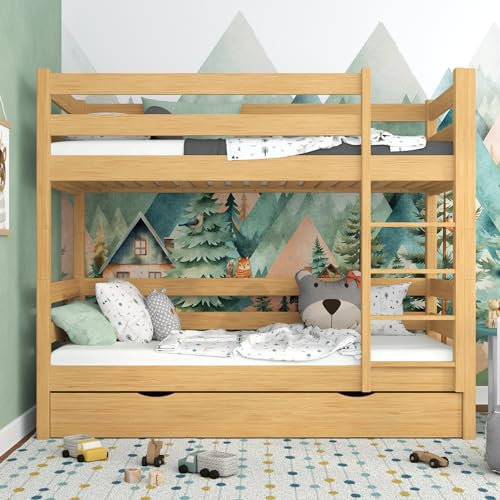 N-wood N01 Etagenbett mit Schublade 80x180 cm, Kinderbett für 2 Kinder, 2 Leitermontageseiten: Links oder rechts, abgerundete Kanten, Stabile Massivholzkonstruktion, inklusive Lattenrost, Naturkiefer