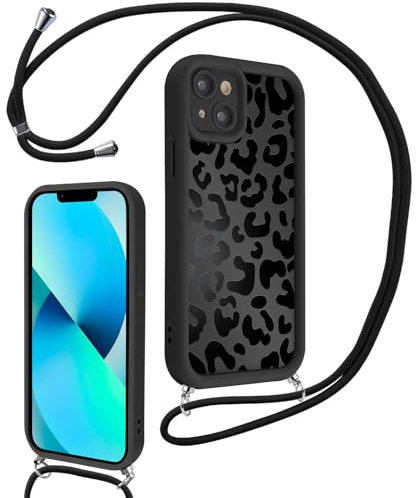 Xylota Handyband für iPhone 13 Hülle mit Band, Silikon Aesthetic Muster Design Handyhülle mit Kette Kordel Schlüsselband, Stoßfeste Mädchen Schutzhülle für iPhone 13 zum Umhängen,Leopard