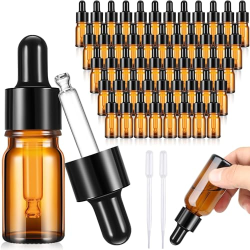 BSTDAYEVER pipettflaskor 5 ml flaska liten flaska med pipett antiskock | 45 st. droppflaska droppflaska 6,3 × 1,5 cm apoteksflaska korrosionsbeständig för eterisk olja aromaterapi massage