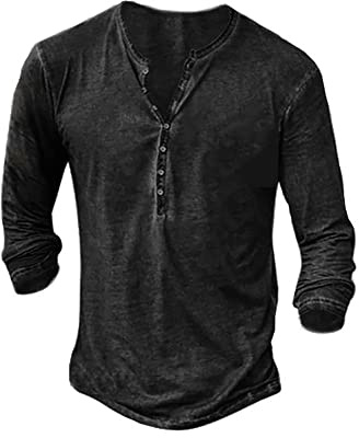 Mens Henley T-Shirts Long/Short Sleeve Retro V Neck T Shirt Slim Fit Cotton Casual Shirts