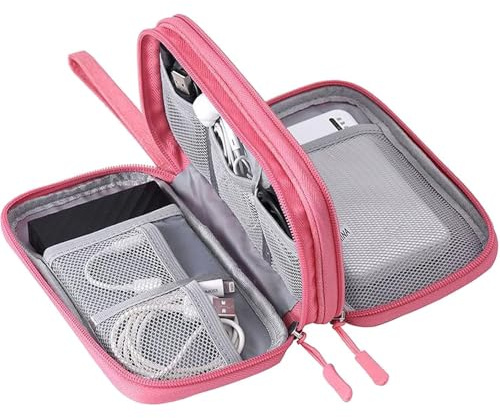 Electronics Accessories Organiser Bag, Double-Layer Cable Organiser Bag, Pink