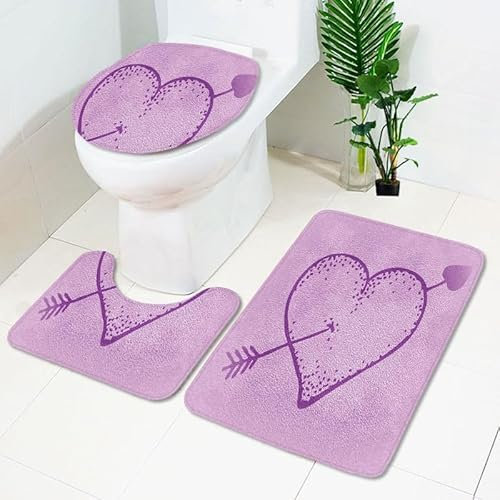 Bad Teppiche Set Lila Retro Herz Badezimmerteppich Waschbar WC Vorleger mit Ausschnitt und WC Deckelbezug 3 Teilig Badematte rutschfest Toilettensitzbezug Badgarnitur 50x80 cm