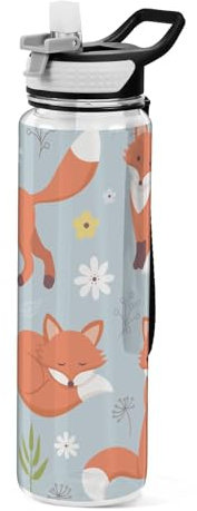 Mnsruu Transparente Sport-Wasserflasche mit Strohhalm, auslaufsichere Trinkflasche, Fuchs, Waldtiere, Fahrradflaschen für Sport, Büro, Schule, BPA-freier Tritan-Kunststoff, 1 Liter