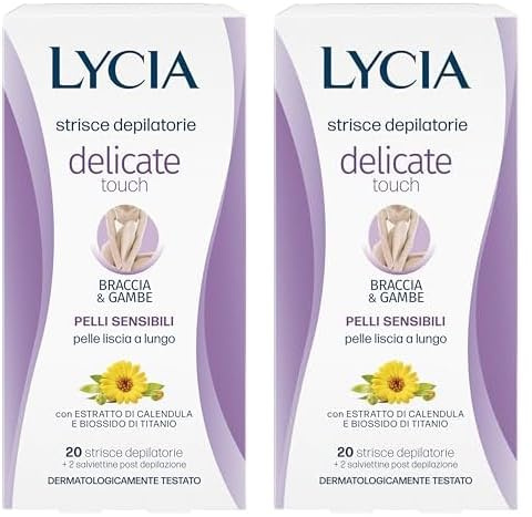 Lycia - Strisce Depilatorie Gambe e Braccia, Delicate Touch, Con Biossido di titanio ed estratto di calendula, Senza Profumo, Coloranti e Conservanti, 20 Strisce (Confezione da 2)