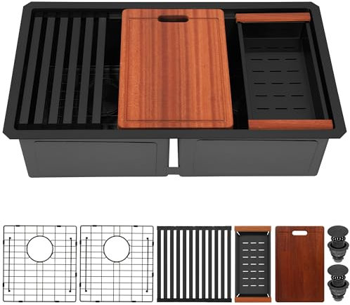 MILOSEN Black Double Bowl Kitchen Sink, 32 x18 inch 16 Gauge T304 Black Stainless Steel Undermount Workstation Sinks, 10'' Deep 50/50 Double Bowl Basin, Handmade Black Sink with Accessories