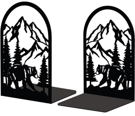 Peacoblue Buchstützen Metall,Bär & Wald Buchstütze Dekorativ für Bücher | 1 Paar 5.3x4.3x7.9 schwere Gusseisen Buchhalter, Stabile Buchstopper für Bücherregal, Schreibtisch, Büro und Wohnraum