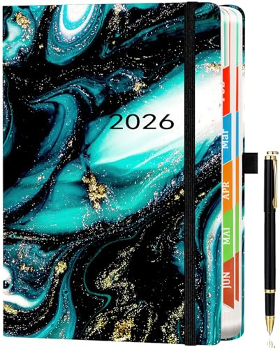 Kalender 2026 A5 (21,5 x 15 cm) Tagesplaner – auf Deutsch, 1 Tag 1 Seite Terminplaner, Jan - Dez 2026, Bunten Tabs, Inspirierenden Zitaten, Innentasche & Stift - Schwarz