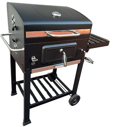 NYS Großer Holzkohlegrill mit Deckel, Gusseisenrost, Aschekasten & höhenverstellbarem Kohlerost – BBQ Grillwagen mit Rädern & Ablage – Pulverbeschichteter Stahl, Outdoor Gartengril