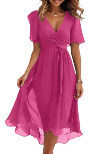 Kleider Damen Sommer Elegant Lang Chiffon Sommerkleid A-Linie Hohe Taille Abendkleid Boho Kleid Kurzarm Cocktailkleid Frauen Midi Casual Wickelkleid V-Ausschnitt Bindegürtel Strandkleid Party