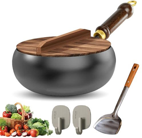 Knubbuf Japanische Eisenpfanne, Eisenpfanne Ohne Beschichtung, 24/26/28cm Biennll Eisenpfanne, Japanische Eisenpfanne Mit Holzdeckel füR Gasherd Und Induktionsherd (28cm)