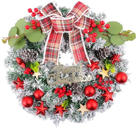 Qsvbeeqj Luxuriöser Weihnachtskranz mit Schleife, dekoriert, mit Kugeln, eleganter Weihnachtskranz mit Festival-Ornament für drinnen