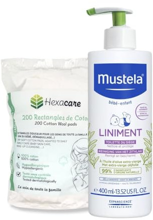 Set Liniment Baby 400 ml und 200 Wattepads 8 x 10 cm – ändert sich ab der Geburt – 99 % natürlicher Ursprung – hypoallergen – hergestellt in Frankreich