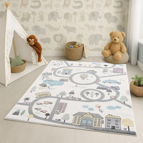 carpet city Teppich Kinderzimmer 140x200 cm - Kinderteppich Creme, Blau - Auto, Straßen - Spielteppich Kinder - Babyzimmer Deko