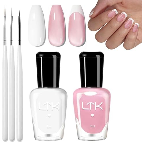 French Manicure Kit, Jelly Pink and White French Nail Polish Set, Quick Drying Nail Varnish Kit with 3Pcs Ultra Thin Nail Art Pen, Long-lasting Gel Polish for Women Nail Art - No Need UV/LED Lamp
