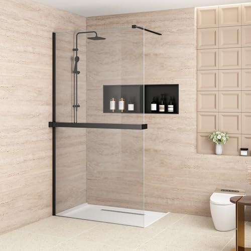 Bathlink Duschwand für Dusche, 8mm ESG-Sicherheitsglas Klarglas, Duschabtrennung 120x200 cm, Walk-In Dusche Duschkabine mit Regalen, schwarz
