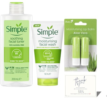 Simple Skincare Set – Simple Facial Toner, Soothing Toner & Cleanser, Facial Wash & Aloe Vera Lip Balm – Cleanser Toner Moisturiser Set for Daily Face Care, Sensitive & Dry Skin