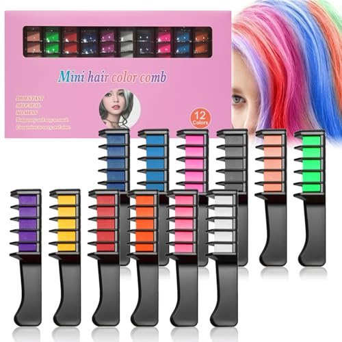 Haarkreide Kamm Set, Temporäre Haarfarbe für kreative Stylings, Sofortiger Farbeffekt ohne Einwirkzeit, Auswaschbar & Schonend für das Haar (12 Farben Set, 12 Stück)