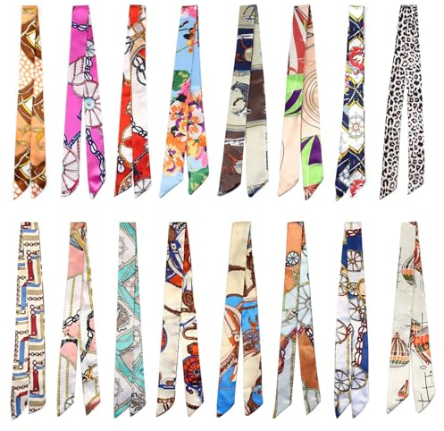 CHUANFU 16 Pezzi Borsa Raso Foulard Seta 90 x 4 cm, Foulard Donna Vestibilità Stretta, Design Satinato Colorato e Alla Moda, Sciarpa Seta Donna per Borse, Cappelli e Fermagli per Capelli