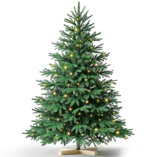 Kidsgigglz Künstlicher Weihnachtsbaum mit Beleuchtung, Tannenbaum Künstlich 150CM, 500 PVC&PE Zweigspitzen, einfache Montage, Christbaum Holzständer, Weihnachtsbäume für Büro, Zuhause, Party