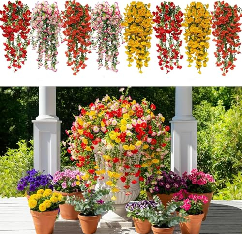 OBDKCAN 8 Stück Kunstblumen Hängend 50cm Blumen im Freien Petunien Seidenblumen Künstliche Hängepflanze Wetterfest Wie Echt für Balkon Garten Terrasse Innen Outdoor Heimdekoration (Wärme)