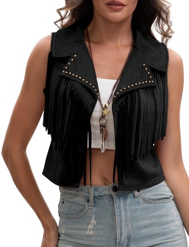 FEOYA Women's Tassel Vest 70s Hippie Faux Suede Rivets Fringe Jacket Sleeveless Vintage Cowgirl Cardigan Open Front Boho Waistcoat Black XS