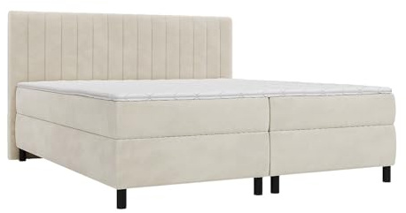 Vente-unique - Ensemble Complet boxspring tête de lit Coutures Verticales + sommier + Matelas + surmatelas - 2 x 90 x 200 cm - Velours - Beige - DONISI de Palacio