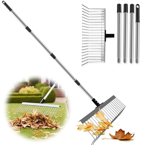 JNUYISW Rechen Garten, 53-160cm Verstellbar Laubrechen Rasenrechen 21 Zinken Metallrechenkopf 40cm Breit Ergonomischer Langer Griff Laubsammler Gartenrechen für Laub, Hof, Sträucher, Blumenbeete
