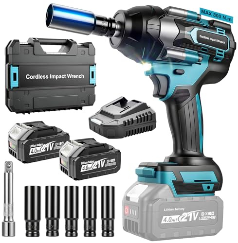YEARTOP Akku Schlagschrauber 1/2 Zoll Bürstenlos Max. 1000Nm Lösemoment | Kompatibel mit Makita 18V, 4-Gang Drehmoment, 2x 4.0Ah Akkus, 5 Stecknüsse (17-22mm) & Verlängerung für KFZ Reifenwechsel
