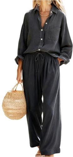 Generisch 2 teiler damen sommer musselin set damen Baumwolle Leinen Bluse und Hosen mit Taschen musselin elegant 2 teiler hosenanzug kuschelig große größen hausanzug 2-teilig Strand