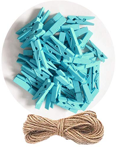 DurReus 50pcs Small Wood Clothes Pins Pegs Hangers Picture Display Art Crafts Clip Clamps String Wire Clothesline Party Office Decor Bright Blue