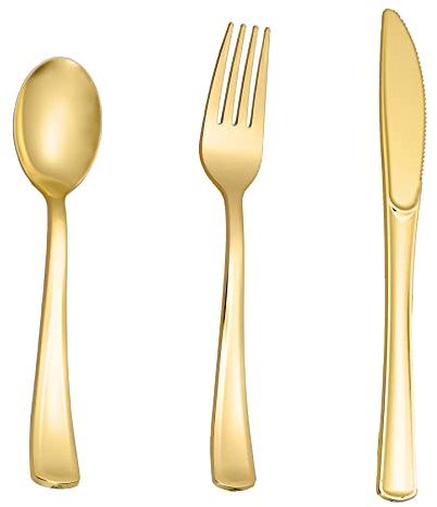 N9R 160pcs Gold Plastic Silverware - Gold Plastic Utensils Set - Tableware Flatware Kit 80 Forks, 40 Spoons, 40 Knives Disposable Cutlery Set for Party, Wedding, Birthday