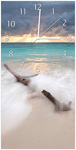 Wallario Design-Wanduhr Wellen am Strand bei Sonnenuntergang aus Glas, Motiv-Uhr Größe 30 x 60 cm, weiße Zeiger