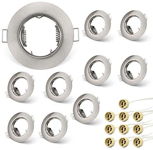 KYOTECH Einbaustrahler Einbaurahmen GU10 Set, Einbaustrahler Rahmen Rund Nickel gebürstet, Einbauspots Einbauleuchten für Halogen Leuchtmittel LED-Modul MR16, inkl. GU10 Fassung für 230V 10er Set