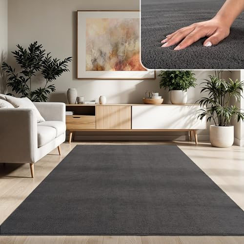 Paco Home Moderner Kuscheliger Wohnzimmer Teppich Kurzflor waschbar flauschig Weich Einfarbig Felloptik zeitlos stilvoll rutschfest pflegeleicht, Grösse:160x220 cm, Farbe:Anthrazit
