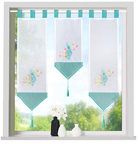 heimtexland ® Scheibengardinen Set 3-teilig Lamellen Gardine Transparent Bestickt mit Schlaufen Fensterdeko Türkis Pfau Typ710