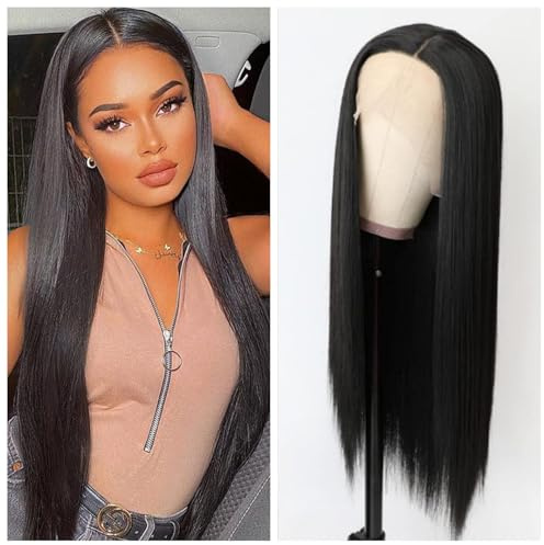 Schwarze Lace Front Perücke 13x6 Lace mit hitzebeständigem Synthetik 150% Dichte Vorgezupft (Langes glattes Haar 24in)