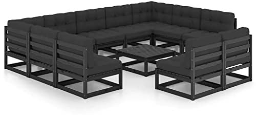 vidaXL Garten Lounge Set 12-TLG., Gartenmöbel Set Sitzgruppe für Garten Terrasse Balkon, Modular Sofa mit Kissen, Garnitur Loungemöbel, Schwarz Massivholz Kiefer