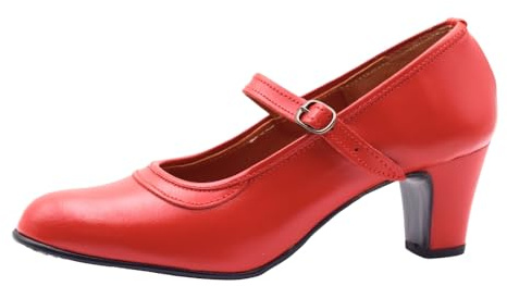 PASARELA - Zapatos de Baile Flamenco de Piel con Hebilla y Clavos Rojo Mujer Cuero Mujer Color: Rojo Talla: 39